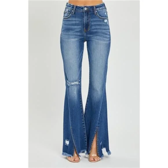 NWT RISEN High Rise Front Slit Frayed Hem Flare Jeans, Some Stretch, Distressed - Picture 4 of 6